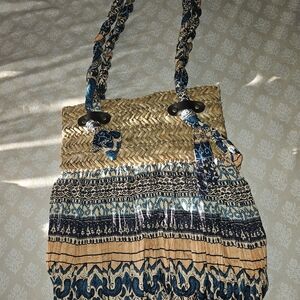 Artisan Woven Tote Bag with Blue Accents